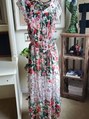 White Floral Maxi Dress with Pink & Green Print and Tie Waist